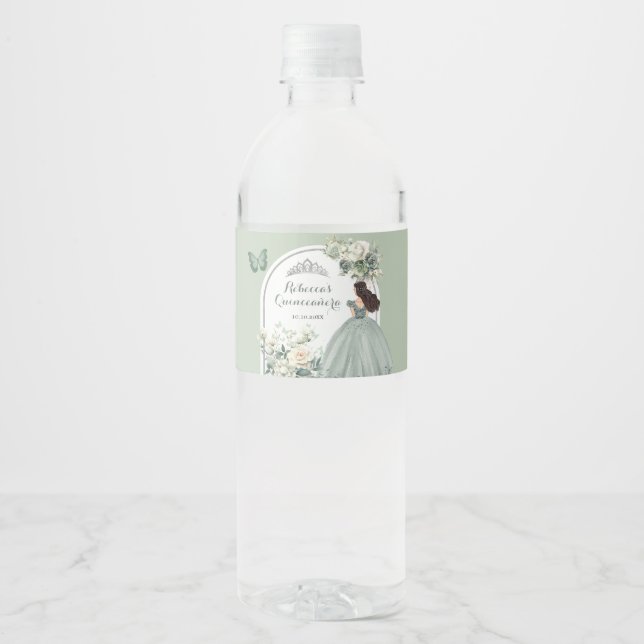 Étiquette Pour Bouteilles D'eau Boho Sage Green Royal Princesse XV Años (Devant)