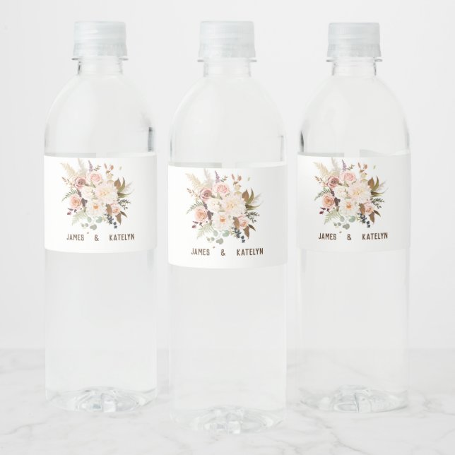 Étiquette Pour Bouteilles D'eau Boho Soft Coloured Rose/White Flowers Mariage (Bouteilles)