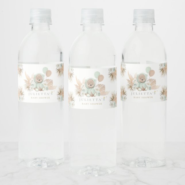 Étiquette Pour Bouteilles D'eau Boho Teddy Bear Sage Green Baby shower Party (Bouteilles)