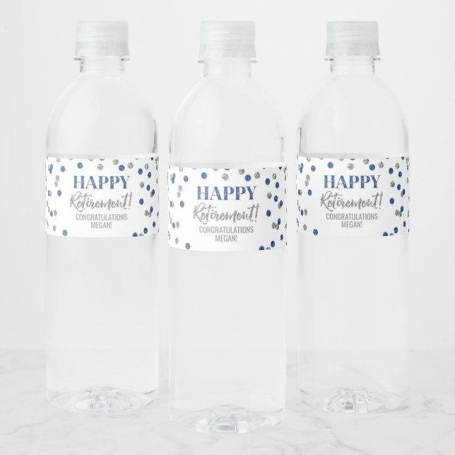 Étiquette Pour Bouteilles D'eau Bonne retraite Blue Silver Confetti (Bouteilles)