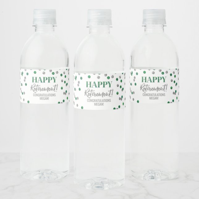 Étiquette Pour Bouteilles D'eau Bonne retraite Green Silver Confetti (Bouteilles)