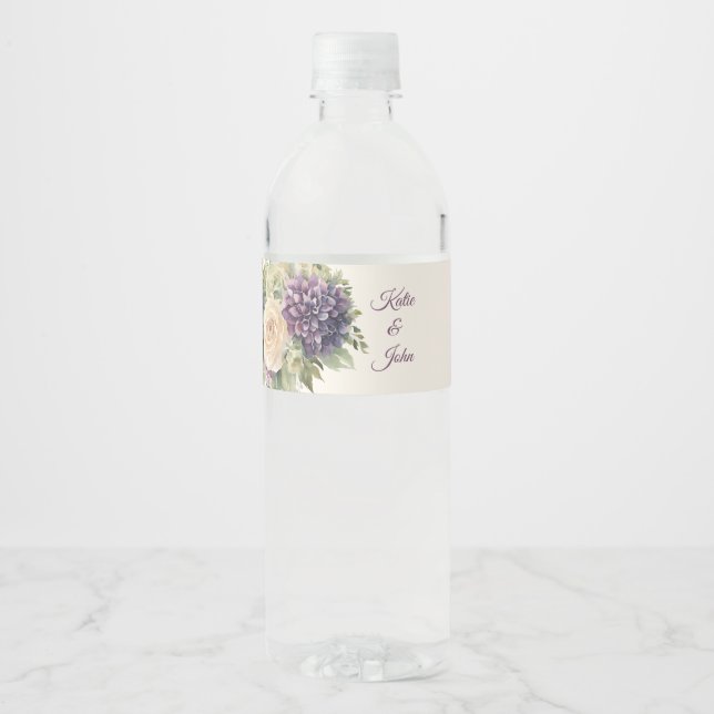 Étiquette Pour Bouteilles D'eau Bouquet de fleurs violettes d'aquarelle Mariage (Devant)