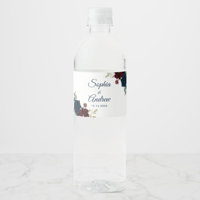 Étiquette Pour Bouteilles D'eau Bourgogne & Fleurs de marine Mariage de bois rusti (Devant)