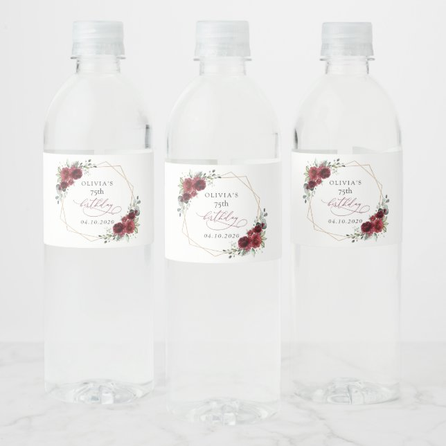 Étiquette Pour Bouteilles D'eau Burgundy Flowers, Red Flowers, Boho, Birthday (Bouteilles)