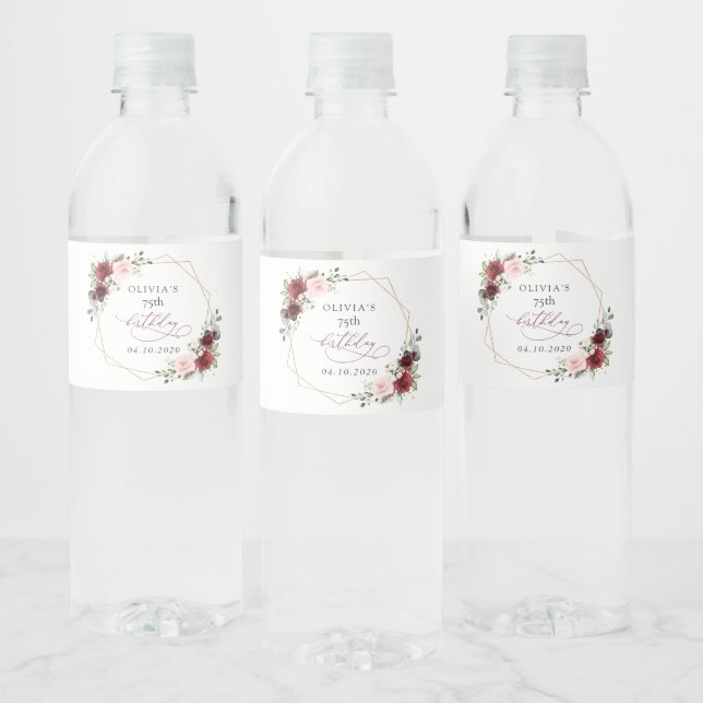 Étiquette Pour Bouteilles D'eau Burgundy Red Flowers, Pink Flowers, Birthday (Bouteilles)