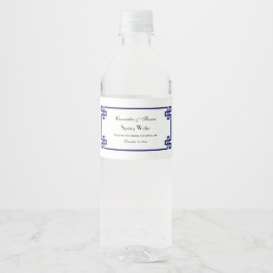 Étiquette Pour Bouteilles D'eau Cadre chic bleu marine à noeud grec