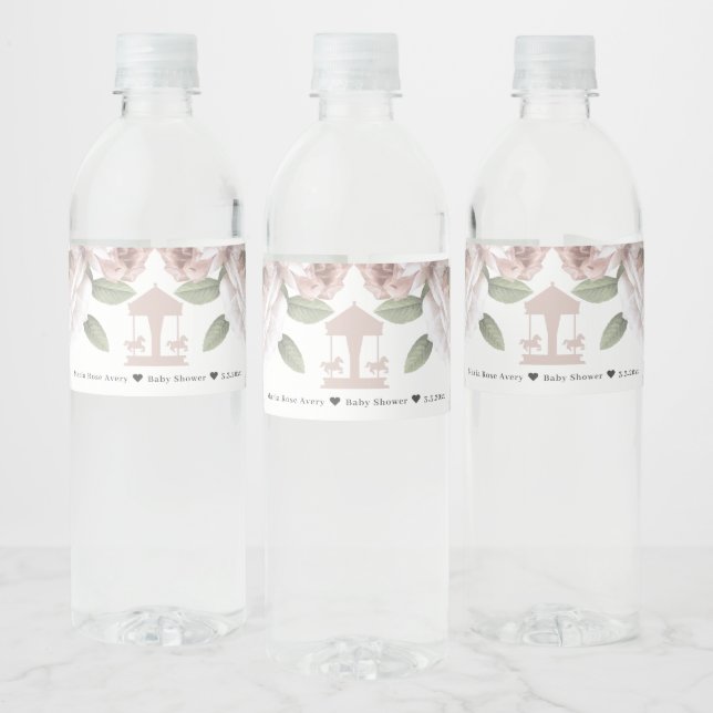 Étiquette Pour Bouteilles D'eau Carousel Floral Rose doux Personnalisé (Bouteilles)