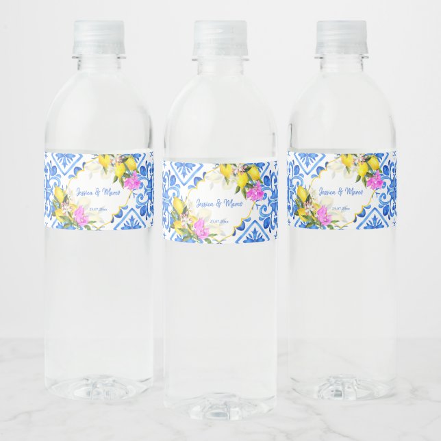 Étiquette Pour Bouteilles D'eau Carreaux bleus citron Bougainvillea mariage person (Bouteilles)