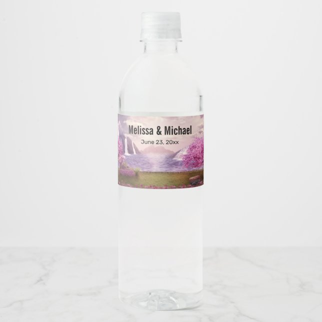 Étiquette Pour Bouteilles D'eau Cascades et cerisiers autour d'un lac Mariage (Devant)