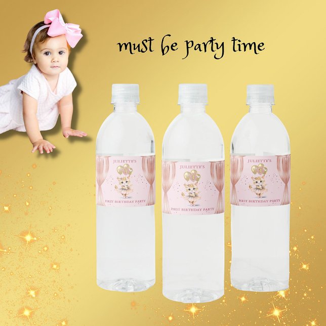 Étiquette Pour Bouteilles D'eau Charming Dancing Kitten Photo First Birthday Girl (Créateur téléchargé)