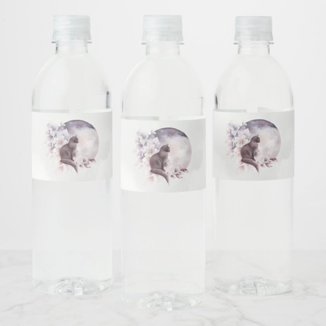 Étiquette Pour Bouteilles D'eau Chat noir par une Pleine lune magique (Bouteilles)