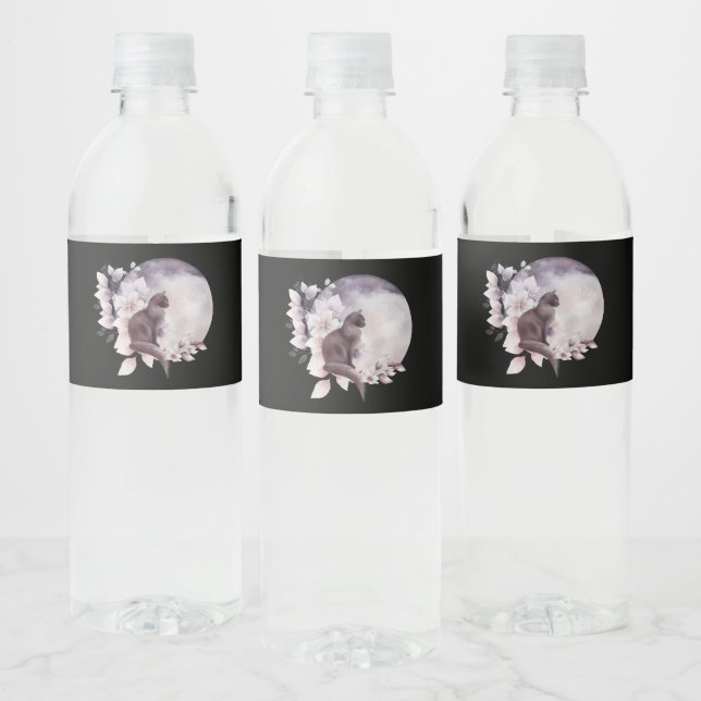 Étiquette Pour Bouteilles D'eau Chat noir par une Pleine lune magique (Bouteilles)