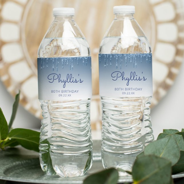 Étiquette Pour Bouteilles D'eau Chic Blue Glitter Drip 80th Birthday Party (Créateur téléchargé)