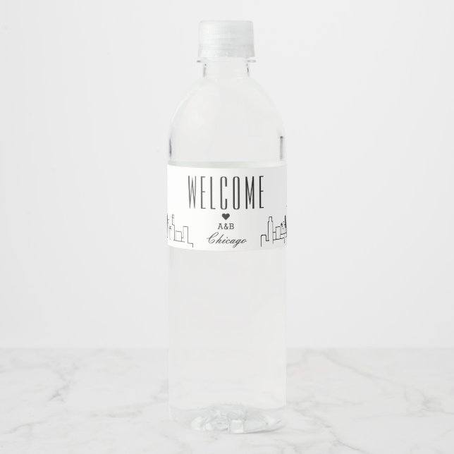 Étiquette Pour Bouteilles D'eau Chicago Skyline | Message de bienvenue (Devant)