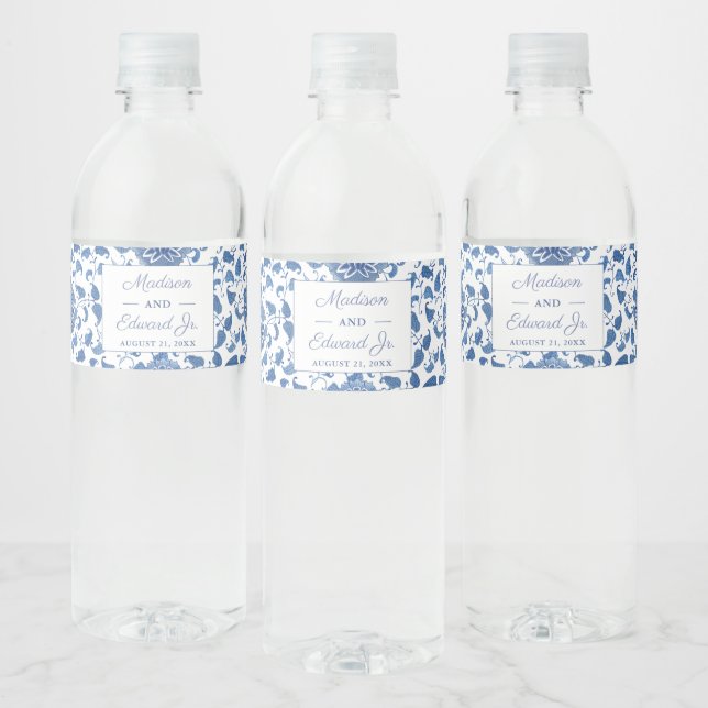 Étiquette Pour Bouteilles D'eau Chinoiserie Bleu & Blanc Chic Fête des mariées Par (Bouteilles)