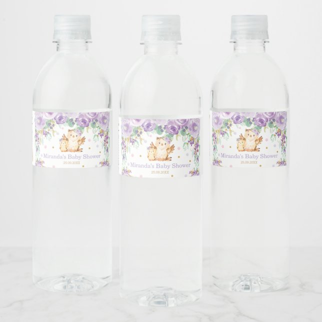 Étiquette Pour Bouteilles D'eau Chouette mignonne violette Florale Baby shower béb (Bouteilles)