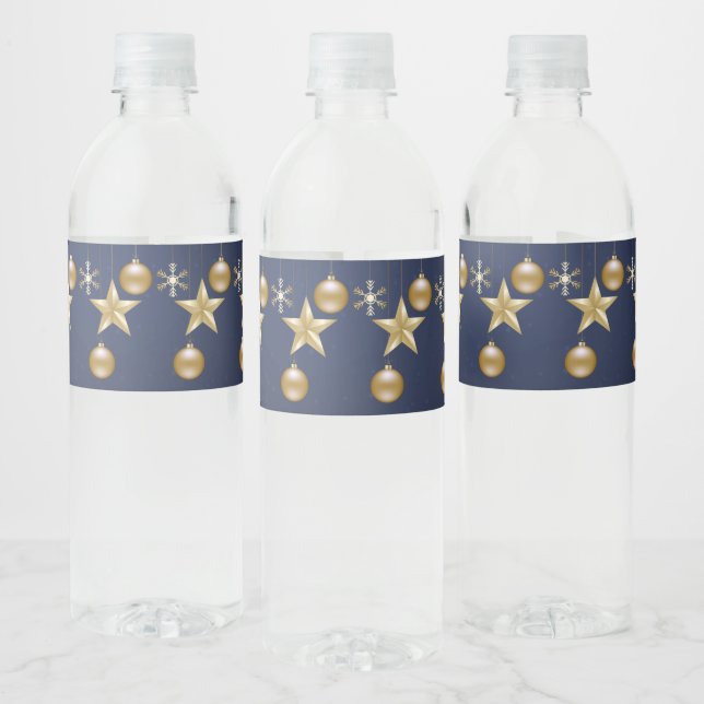 Étiquette Pour Bouteilles D'eau Christmas Party Golden Ornaments Navy Blue Elegant (Bouteilles)