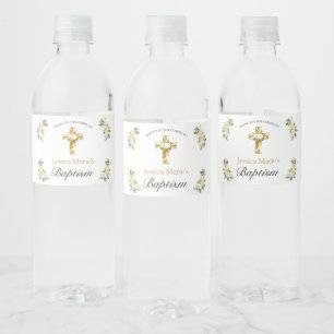 Étiquette Pour Bouteilles D'eau Classic Elegant Floral Gold Cross Baptism