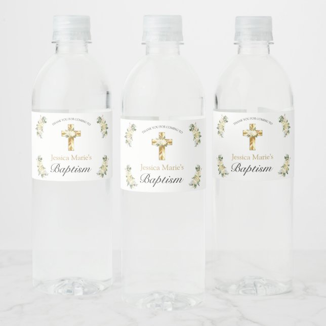 Étiquette Pour Bouteilles D'eau Classic Elegant Floral Gold Cross Baptism (Bouteilles)