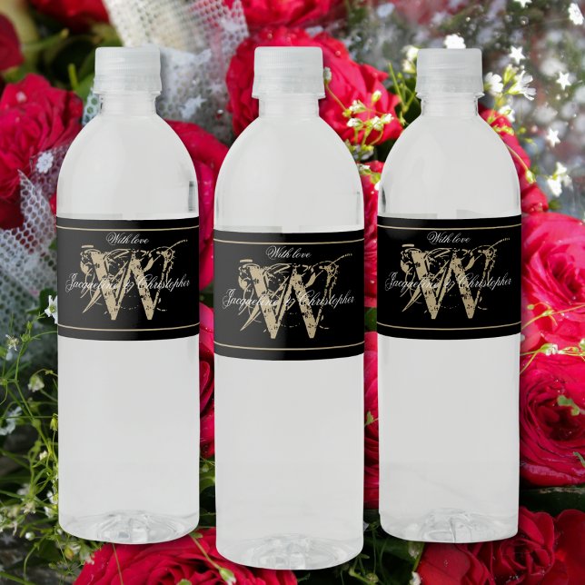 Étiquette Pour Bouteilles D'eau Classic Monogramme Nom Script B&W&G Chic Mariage (Bold and Lovely - Black, White and Gold Personalized, Monogrammed Water Bottle Labels.)