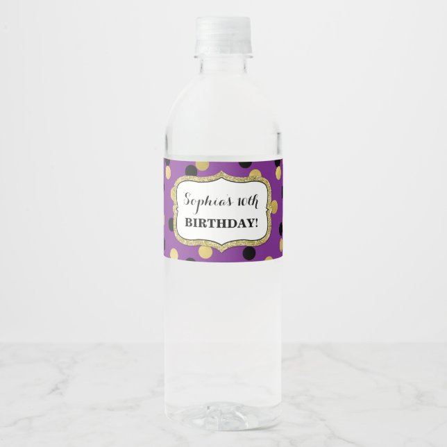 Étiquette Pour Bouteilles D'eau Confetti d'or noir violet personnalisé fête d'anni (Devant)
