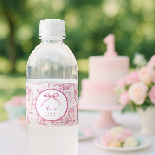 Étiquette Pour Bouteilles D'eau Coquette Toile rose Bow 1er anniversaire fille (coquette style 1st birthday party for baby girl)