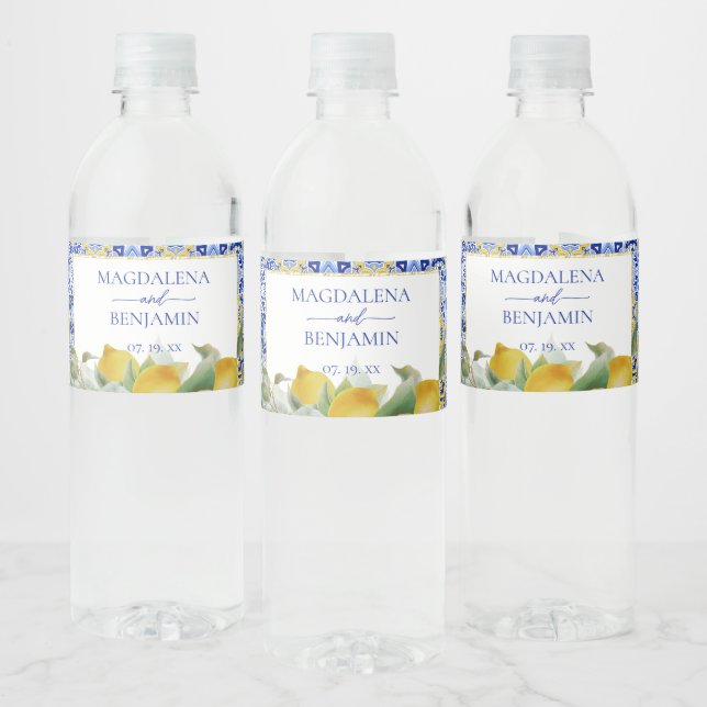 Étiquette Pour Bouteilles D'eau Côte d'Amalfi Carreaux bleu italien Citrons Mariag (Bouteilles)