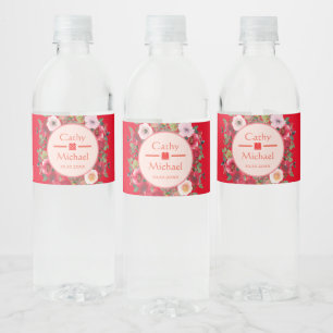 Étiquette Pour Bouteilles D'eau Couronne florale de cercle rouge mariage chinois m