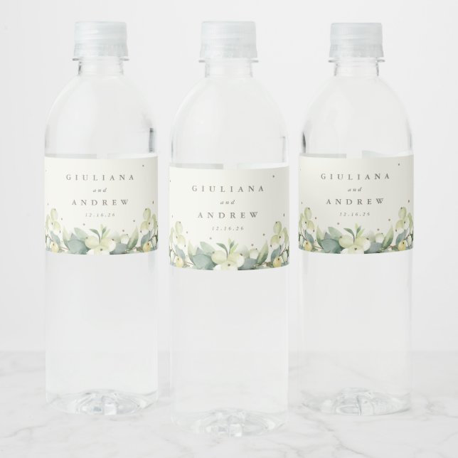 Étiquette Pour Bouteilles D'eau Crème Snowberry+Eucalyptus Mariage d'hiver (Bouteilles)