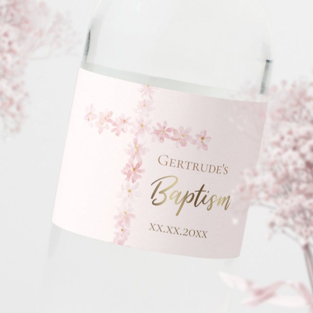 Étiquette Pour Bouteilles D'eau Croix de l'aquarelle rose du baptême (Créateur téléchargé)