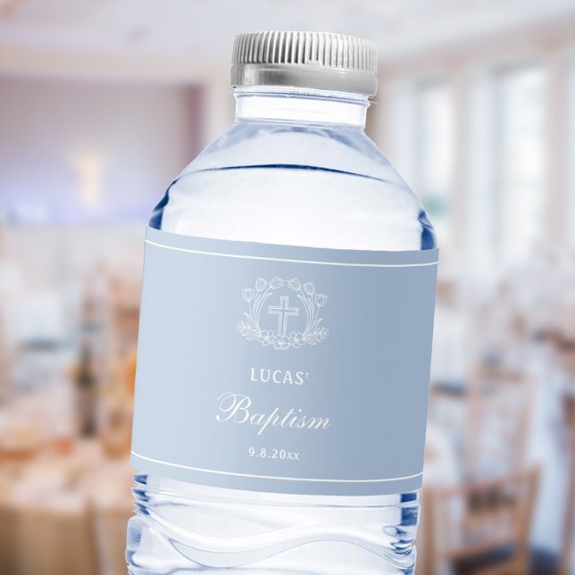 Étiquette Pour Bouteilles D'eau Croix florale simple sur Baptême bleu clair (Créateur téléchargé)