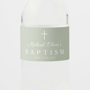 Étiquette Pour Bouteilles D'eau Croix Religieuse Vert Sauge Garçon Baptême