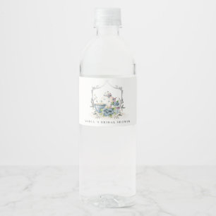 Étiquette Pour Bouteilles D'eau Cute Aqua Blue Floral Teapot Crest Fête des mariée