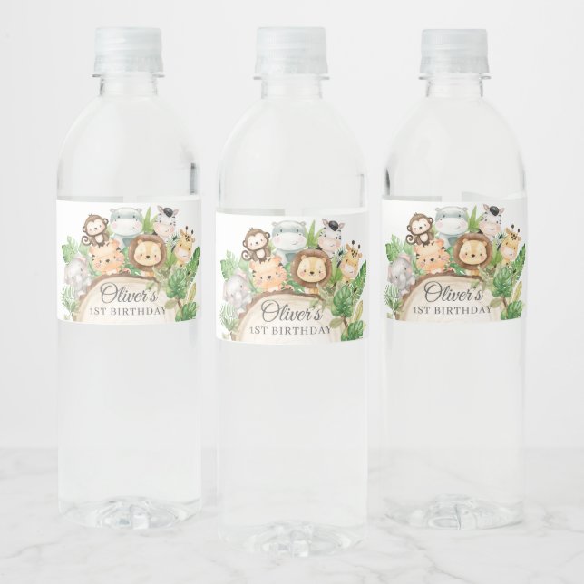 Étiquette Pour Bouteilles D'eau Cute Jungle Animaux Verdure 1er anniversaire (Bouteilles)