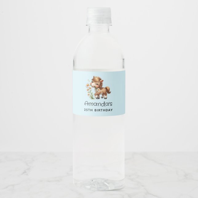 Étiquette Pour Bouteilles D'eau Cute Pony Mange Daisées Anniversaire (Devant)