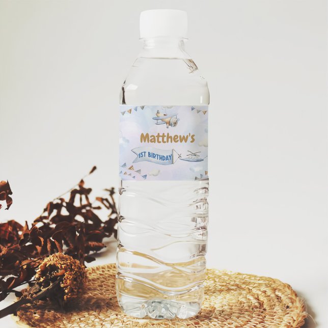 Étiquette Pour Bouteilles D'eau Cute Retro Blue Avion 1er anniversaire (Créateur téléchargé)