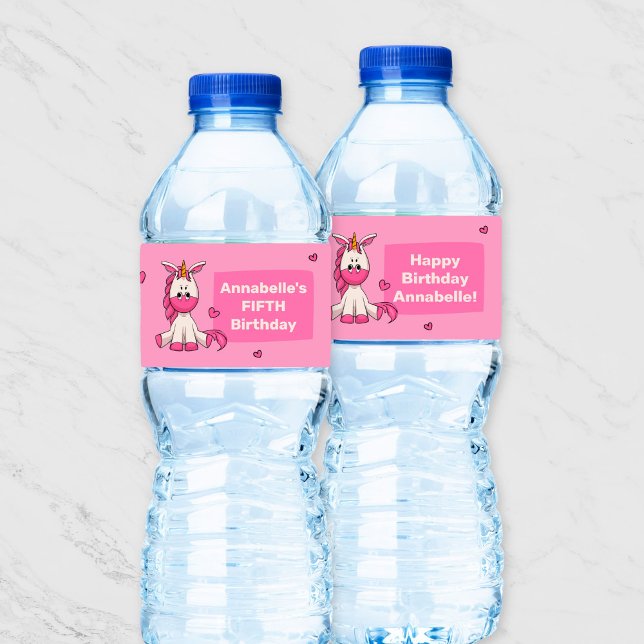 Étiquette Pour Bouteilles D'eau Cute Rose Unicorn Fille Anniversaire (Créateur téléchargé)