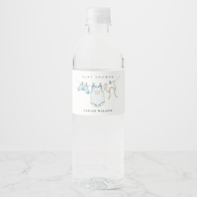 Étiquette Pour Bouteilles D'eau Cute Simple Baby Clothesline Baby shower Garçon bl (Devant)