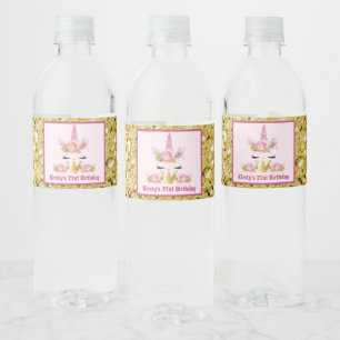 Étiquette Pour Bouteilles D'eau Cute Unicorn Parties scintillant or rose Anniversa