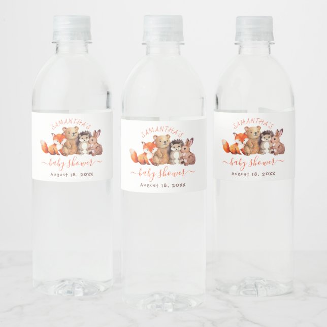 Étiquette Pour Bouteilles D'eau Cute Woodland Animaux Baby shower d'écriture rouge (Bouteilles)