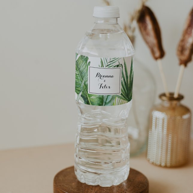 Étiquette Pour Bouteilles D'eau Destination géométrique Mariage de verdure tropica (Créateur téléchargé)