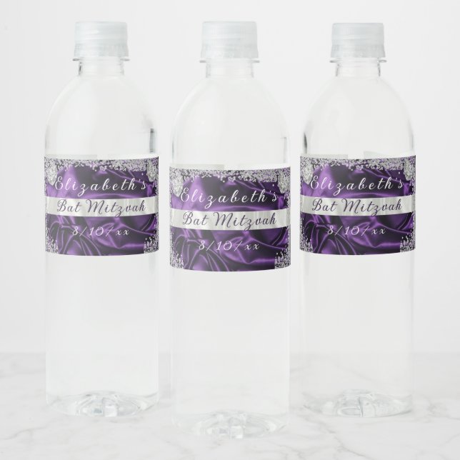 Étiquette Pour Bouteilles D'eau Diamants étincelants bat mitzvah en satin pourpre (Bouteilles)