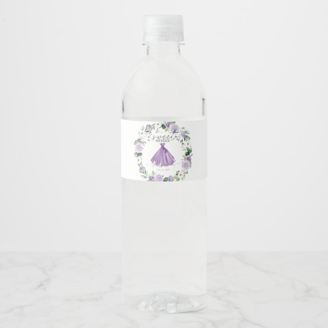 Étiquette Pour Bouteilles D'eau Doux 16 Robe Florale violette (Devant)