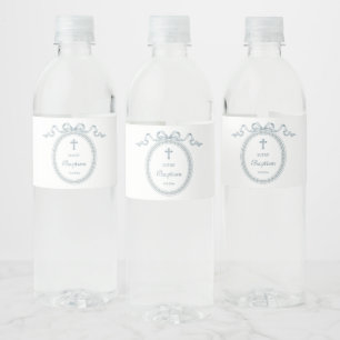 Étiquette Pour Bouteilles D'eau Dusty Blue Bow Cadre grec Baptême