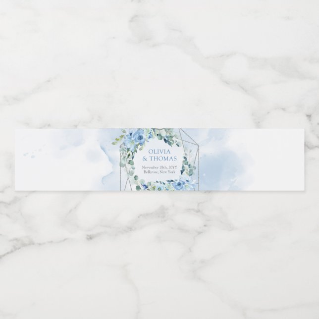 Étiquette Pour Bouteilles D'eau Dusty Blue Floral Argent Cadre géométrique vert (Étiquettes simples)