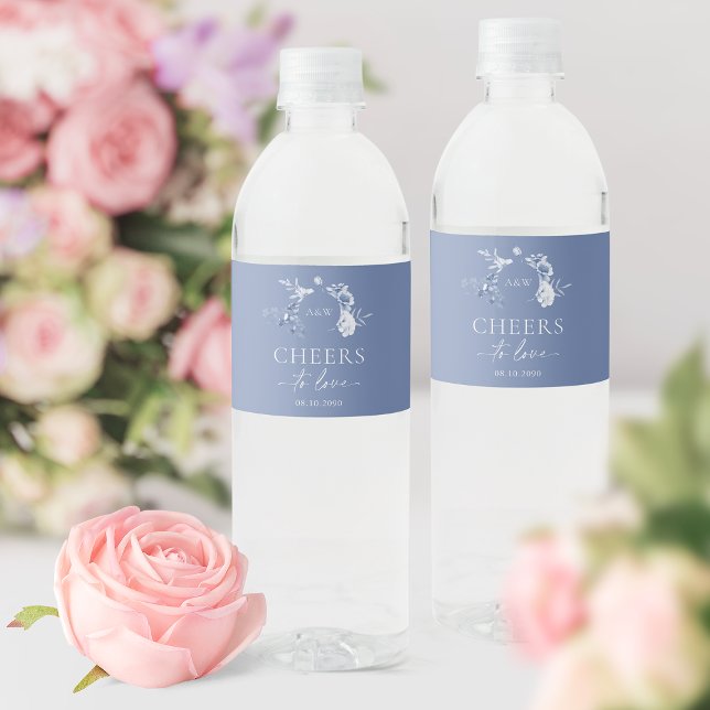 Étiquette Pour Bouteilles D'eau Dusty Blue Floral Mariage | Bravo à l'amour (Créateur téléchargé)