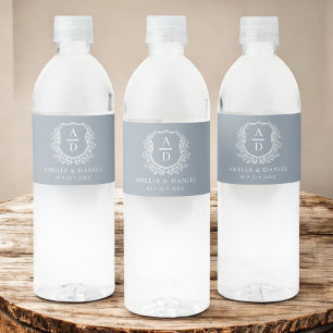Étiquette Pour Bouteilles D'eau Dusty Blue Monogram Botanique Mariage Floral Crest
