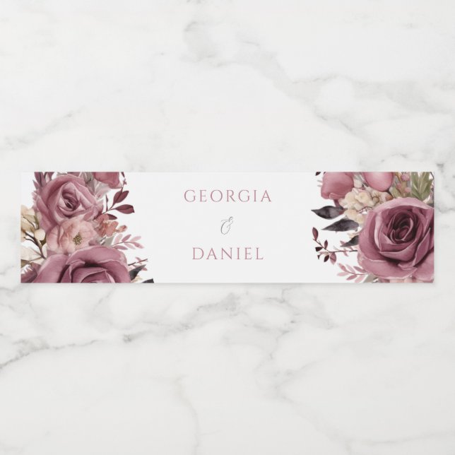 Étiquette Pour Bouteilles D'eau Dusty Rose & Burgundy Boho Floral Mariage (Étiquettes simples)
