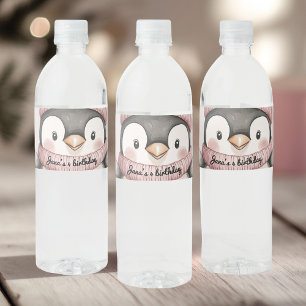 Étiquette Pour Bouteilles D'eau Eau d'anniversaire du pingouin lunaire rose vint