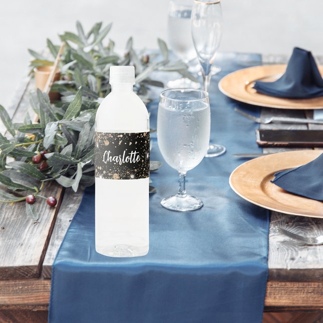 Étiquette Pour Bouteilles D'eau écriture de nom scintillant or noir (Créateur téléchargé)